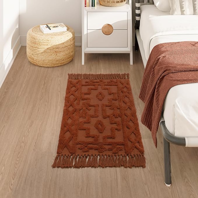 Uphome Boho Bathroom Rug 2' x 3', Washable Small Farmhouse Bedroom Rugs, Terracotta Geometric Bath Mats for Home Decor, Cotton Woven Moroccan Tufted Throw Rug for Entryway Front Door Kitchen