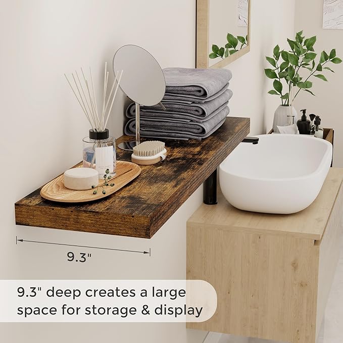 36"x9.3" Floating Shelves, 9.3 Inch Deep Floating Shelf, Rustic Wall Shelves 36 Inch Long, Large Display Shelves for Books, Deep Storage Shelf for Living Room, Laundry Room - Rustic Brown, Set of 2