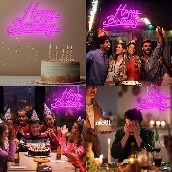 Pink Happy Birthday Neon Sign Battery Operated, Usb Powered Neon Signs for Wall Decor, Adjustable Brightness Happy Birthday Signs(15 x 9.6 inches)