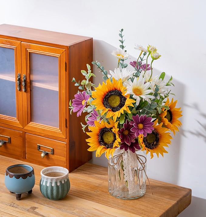 LUEUR Artificial Faux Flowers in Vase for Home, Fake Flowers Arrangment with Pot, Sunflower Silk Daisy Bouquet for Fall Spring Decor Coffee Table Dinning Room Kitchen Centerpiece Table Decorations