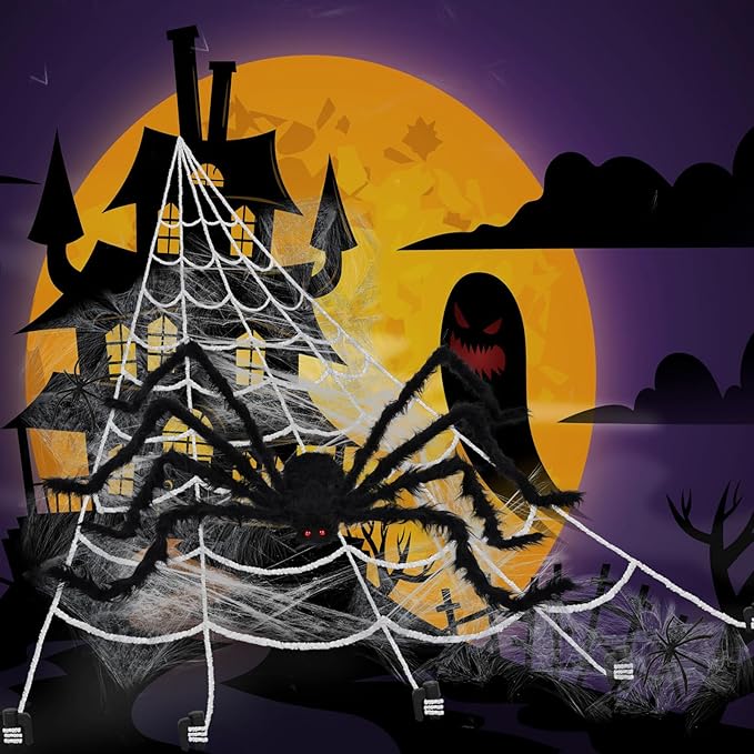 Halloween Spider Web and Giant Spiders Decorations Set Triangle Spider Web & Realistic Scary Fake Large Hairy Black Spider Props for Indoor/Outdoor Porch & Yard Parties Haunted House Halloween Décor