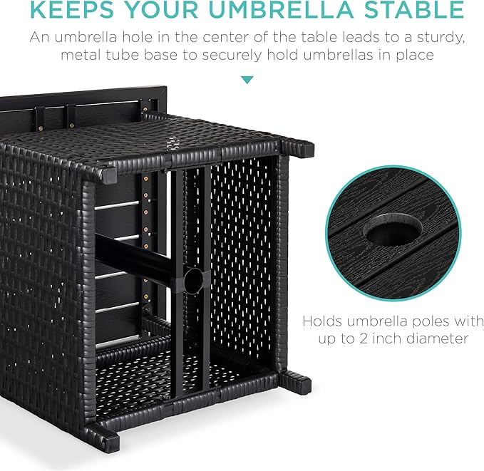 Best Choice Products Wicker Side Table with Umbrella Hole, Square PE Rattan Outdoor End Table for Patio, Garden, Poolside, Deck w/UV-Resistant Frame, Storage Space - Black
