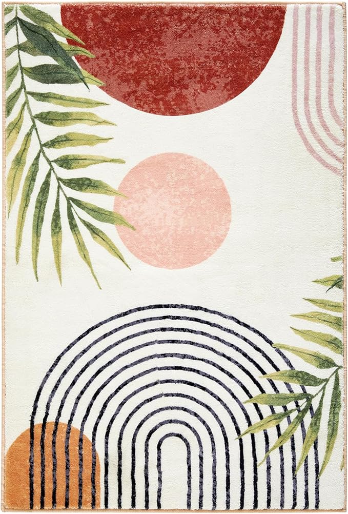 RoomTalks Mid Century Modern Washable Rug, Boho Cute Aesthetic 6x9 Area Rugs for Bedroom Dining Living Room Kitchen, Abstract Tropical Leaves Non Slip Thin Indoor Entryway Rug Accent Floor Carpet