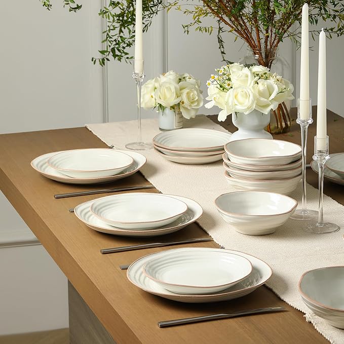 Stone Lain Nami 24-Piece Dinnerware - Stoneware, Plates and Bowls Set, Microwave and Dishwasher Safe, Dish for 8, White