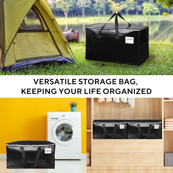 6-Pack Extra-Large Heavy-Duty Moving Bags with Reinforced Handles, Durable Zippers & Waterproof Material — Perfect for Space-Saving, Storage, Shipping and Travel (Black)
