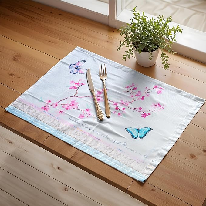 Maison d' Hermine Placemats Set of 4 100% Cotton Washable Cloth Place Mats, Reusable Table Mats for Kitchen Dining Decoration, Party, Wedding, Restaurant Spring/Summer (Blossoms in Spring, 13" x 19")