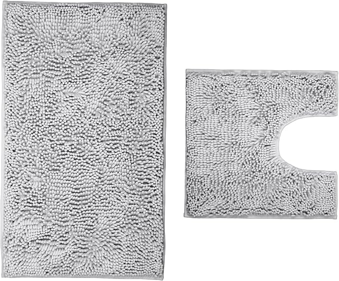 Light Gray Bathroom Rugs 2 Pieces Chenille Bath Rug Mat, Extra Thick and Soft Absorbent Bath Rugs, Machine Washable, Non-Slip Plush Bath Mats for Tub,(Light Gray, 32"x20"+U Shape 20"x20")
