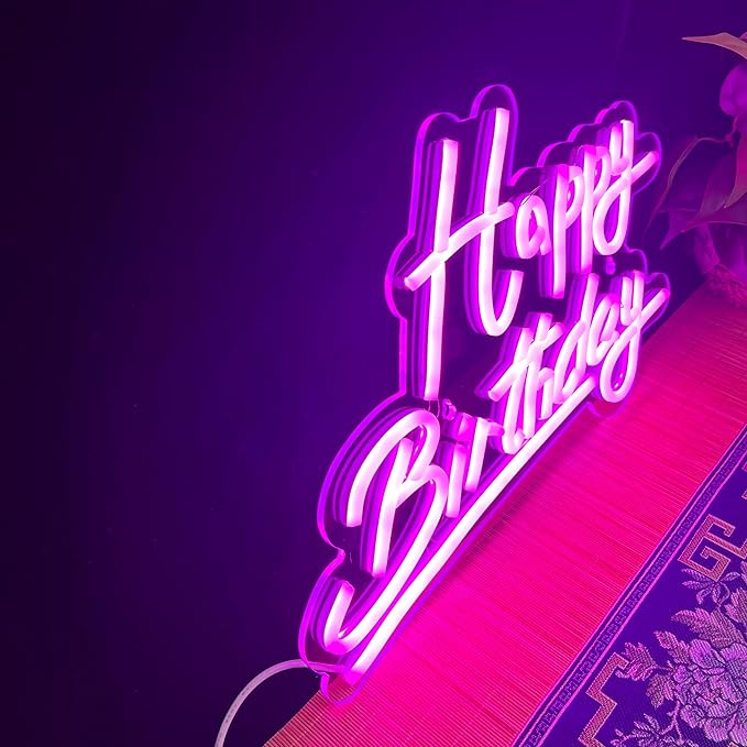 Pink Happy Birthday Neon Sign Battery Operated, Usb Powered Neon Signs for Wall Decor, Adjustable Brightness Happy Birthday Signs(15 x 9.6 inches)