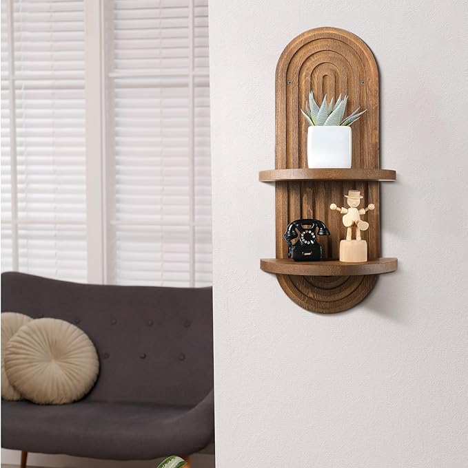 Wenqik 2 Pcs Boho Wall Shelf Rainbow Arch Wooden Floating Shelf Mid Century Bohemian Hanging Holder Double Vintage Wall Mount Altar Decor for Nursery Bedroom 15.75 x 6.69 Inches(Brown)