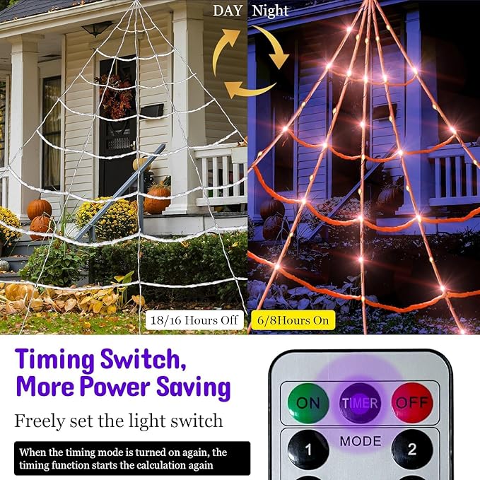 5Ft Giant Lighting Halloween Spider 20 * 17FT Spider Web 250 Led Lights Light Up Purple&Orange Triangular Battery Operated 200sqft Cobweb 20 Small Spiders for Indoor and Outdoor Decor Decoration