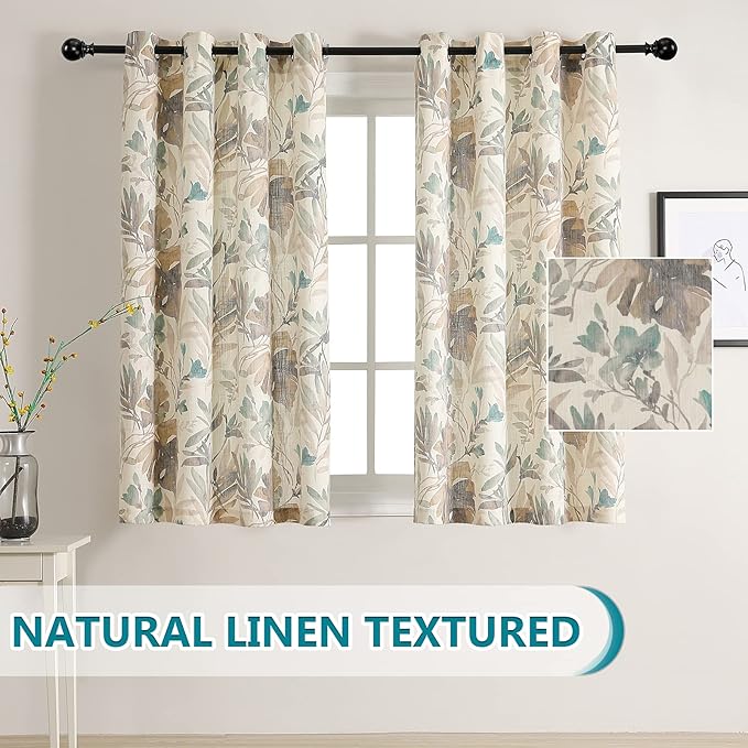 MYSKY HOME Floral Curtains Linen Style Curtains 63 Inch Length Semi Sheer Curtains Light Filtering Curtains for Living Room Bedroom Floral Printing Window Treatment Grommet 2 Panels,Brown and Natural
