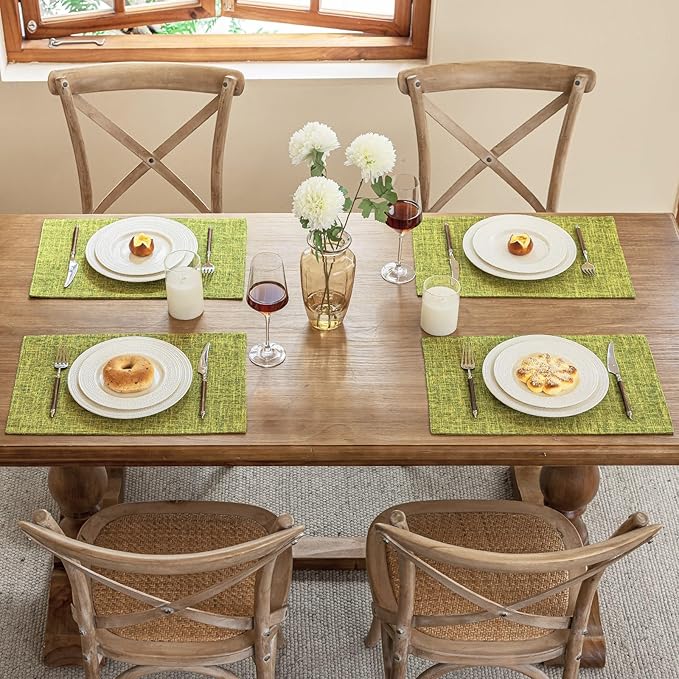 Placemats Set of 8, Dual-Layered Thickened Faux Linen Cloth Place Mats Heat Resistant Machine Washable Wrinkle Free Table Mats Indoor/Outdoor (Lime Green)