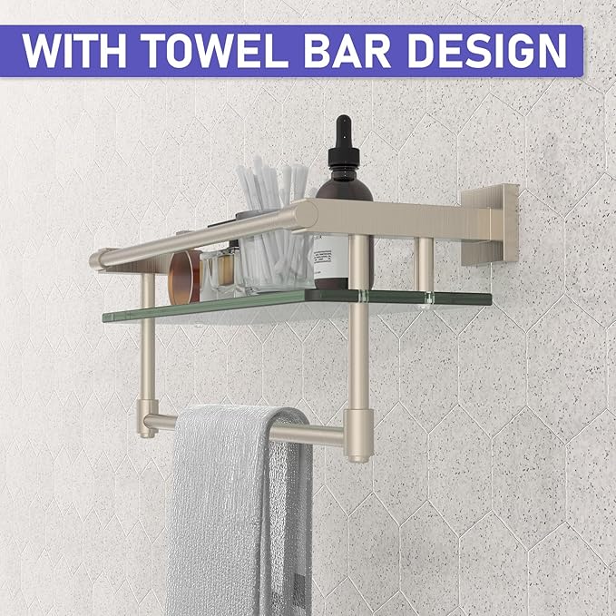 Bathroom Glass Shelf Towel Rack Shelf Glass Organizer Wall-Mounted Bathroom Storage SUS304 Stainless Steel Towel bar/Track Wall-Mounted Tempered Glass Stainless Steel Shelf (Brushed Nickel, 16-inch)