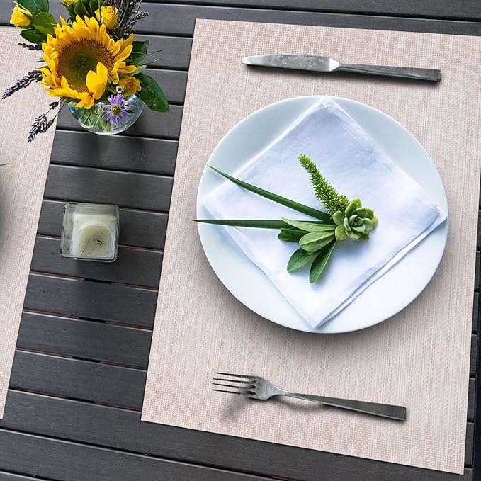 Winknowl Placemats Set of 8 Woven Vinyl Insulation Indoor Place mats for Dining Table, Washable Durable PVC Table Mats (Beige)