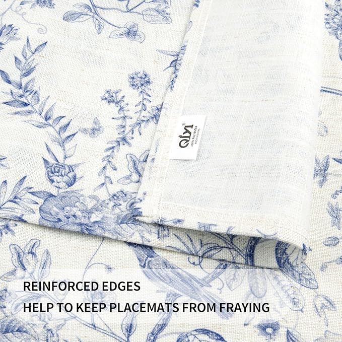 QIYI Boho Placemats Set of 4, 12x18 Inch Linen Fabric Place Mats for Kitchen Dinning, Farmhouse Rustic Floral Cloth Table Mats, Washable Placemat Botanical Party Table Décor, Blue Garden