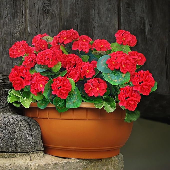 Fake Outdoor Flowers, 4 Pcs Artificial Flowers For Outdoors, Red Artificial Geraniums Plastic Flowers, Fake Plant For Outside, Silk Faux Flowers For Outdoor Planters UV Resistant For Front Porch