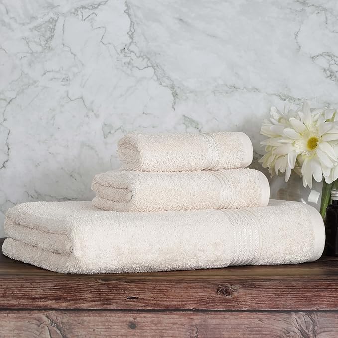 Superior Egyptian Cotton 3-Piece Towel Set, Basic Towels For Bathroom, Home Decor, Guest Bath, Shower, Apartment, Included 1 Face, 1 Hand, 1 Bath Towel, Washcloth, Quick Dry, Ivory