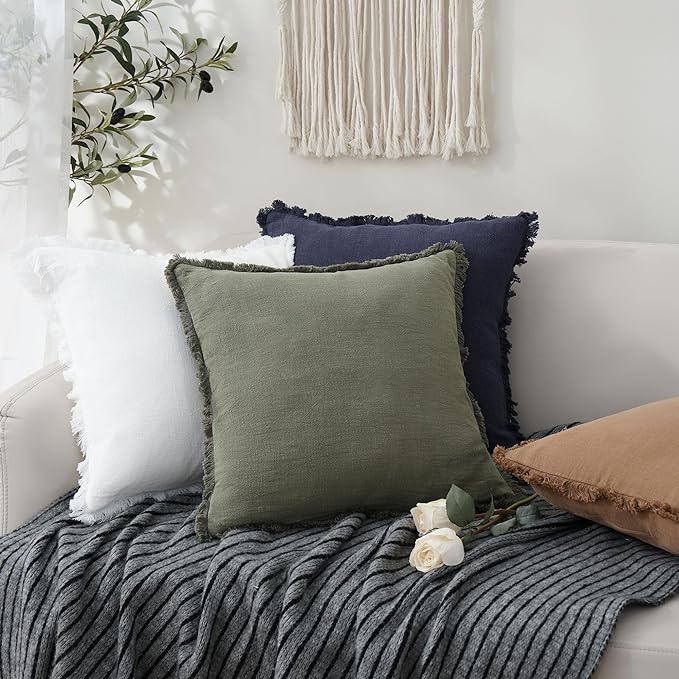 Foindtower Set of 2 Decorative Linen Fringe Throw Pillow Covers Cozy Boho Farmhouse Cushion Cover with Tassels Soft Accent Pillowcase for Couch Sofa Bed Living Room Home Decor, 26×26 Inch, Olive Green