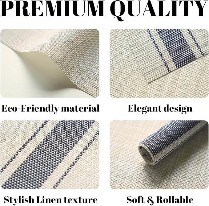 Placemats Set of 4 Vinyl/Plastic Woven Place Mats for Kitchen Table Indoor/Outdoor Washable Placemat Wipeable Dining Table Mats (Khaki Blue,4)