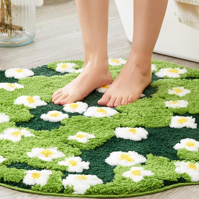 Cute Green Floral Large Bathroom Rugs Bath Mat 3ft Non Slip Washable, Modern Chic Boho Aesthetic Trendy Funky Microfiber Shaggy Tufted Moss Rugs for Bedroom Dorm Nursery Bathroom Kitchen