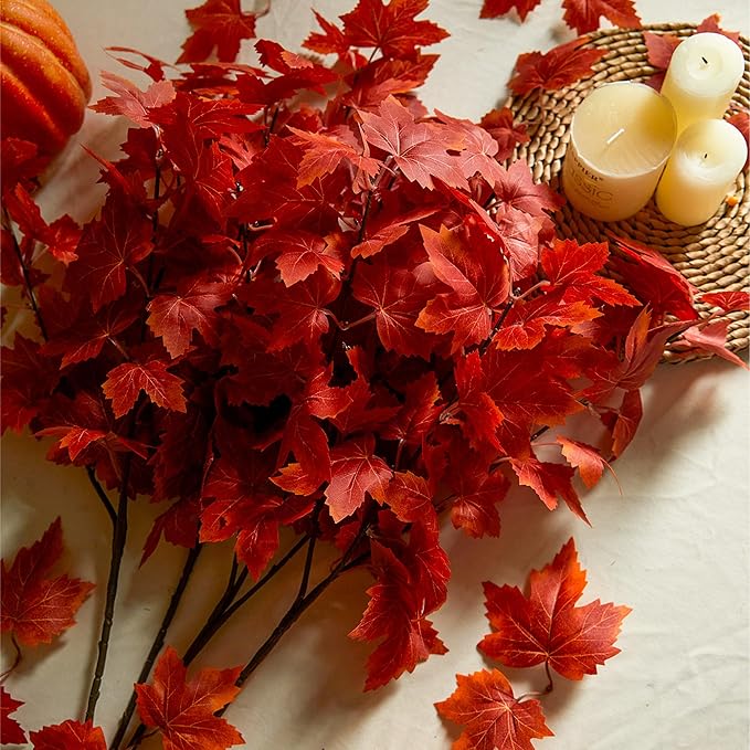 MISSPIN Thanksgiving Decorations 6 PCS Fall Decor Artificial Silk Maple Leaves Branches Set 35.43 Inch Fall Stems Faux Maple Leaves for Wedding Bouquet Table Centerpieces