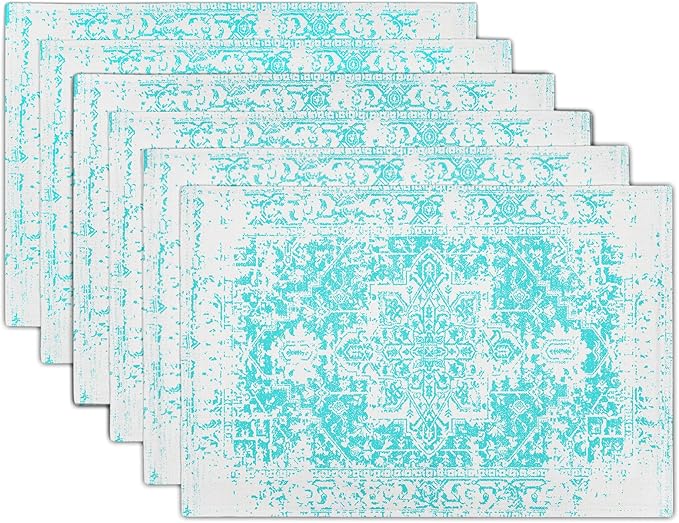Gray Aqua Turquoise Boho Placemats Set of 6 Ethnic Bohemian Carpet Place Mats Washable Kitchen Dining Vintage Grey Floral Linen Table Mats Stain Heat-Resistant for Home Party Indoor 12x18 in
