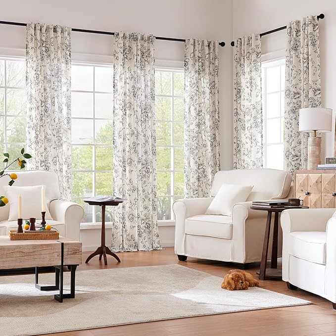 jinchan Linen Blend Curtain Floral Curtains for Living Room 63 Inch Length Black Printed Curtain Rod Pocket Back Tab Farmhouse Peony Flower Patterned Drapes Bedroom Window Curtains Set 2 Panels