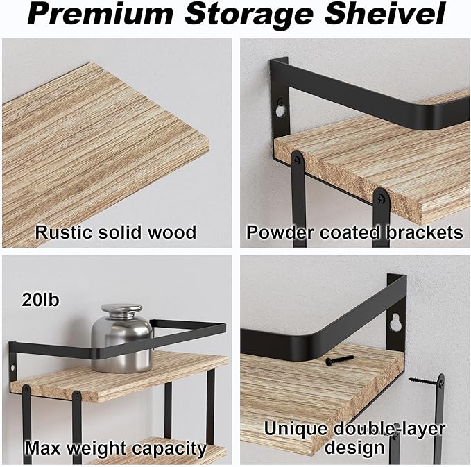 RICHER HOUSE 2+1 Tier Wall Mounted Floating Shelves Set of 2, Rustic Wood Wall Shelf with Metal Frame, Extra Storage Rack for Bathroom, Kitchen, Bedroom with Tissue Rack & Towel Bar - Rustic Wood
