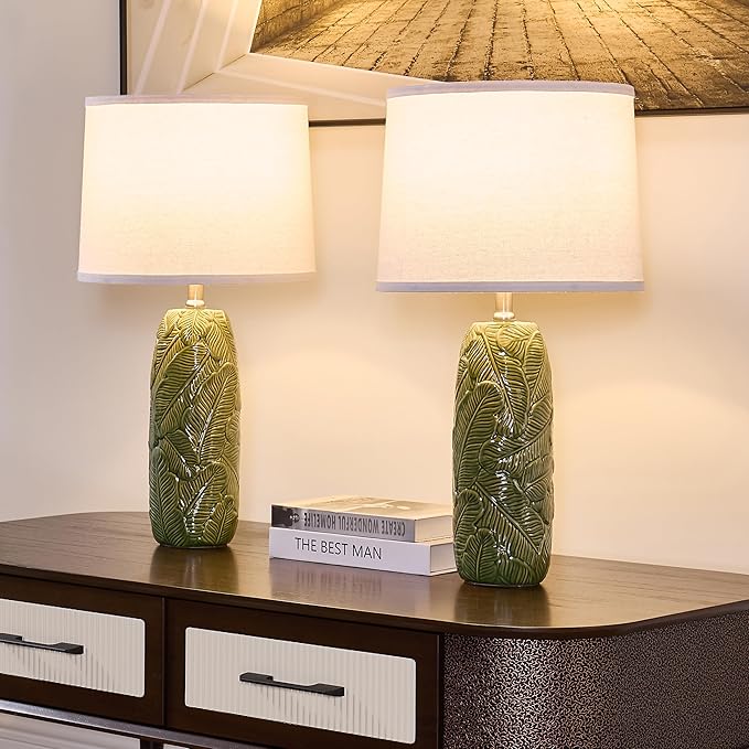 25" Ceramic Table Lamp Green Nightstand Pottery Lamp with White Shade Modern Bedside Desk Lamps with Leaf Pattern for Living Room Bedroom