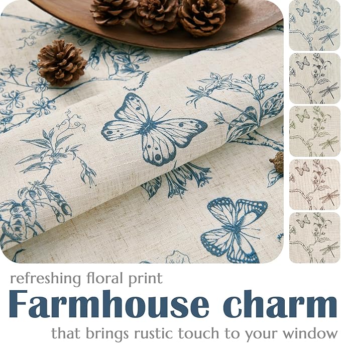 Lazzzy Farmhouse Linen Blue Floral Curtains 96 Inch Long Back Tab Drapes for Living Room Bedroom Light Filtering Country Vintage Rod Pocket, 2 Panels, Blue on Beige