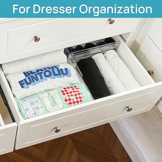 Vtopmart 14 Pack Drawer Dividers for Clothes, Adjustable 4" High Expandable from 10.2"-16.6" Dresser Drawer Organizer, Clear Plastic Separators for Dresser, Baby Clothing, Cosmetic and Office Storage