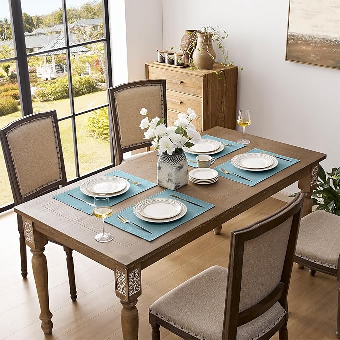 Romanstile Cloth Placemats Set of 8-12 x 18 Inch, Heat Resistant Double Layered Thickened Burlap Place Mats, Washable Linen Farmhouse Table Mats for Kitchen/Dining/Party/Outdoor, Teal