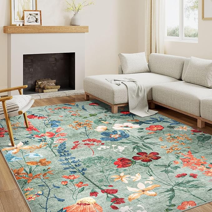 Green Area Rug 5x7 Floral Washable Living Room Kitchen Boho Carpet Non Slip Low Pile Indoor Accent Lightweight Soft Throw Rug for Bedroom Office Dining Room Nursery Farmhouse