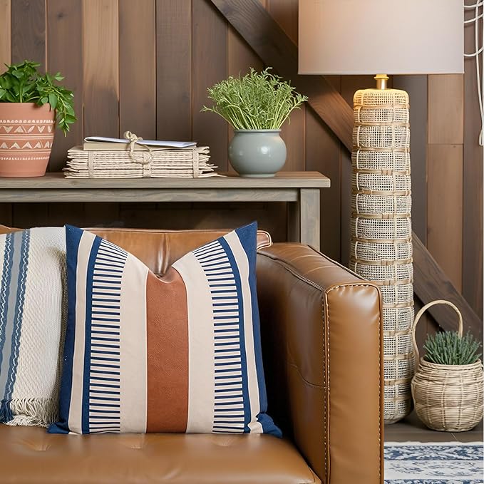 Farmhouse Stripe Pillow Cover 18x18 Boho Accent Cushion Case Faux Leather Decorative Pillowcase,Navy Blue and Beige (Cover ONLY, Pack of 1)