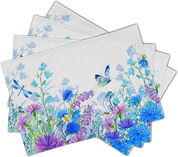 Blue Purple Floral Placemats for Dining Table Set of 4, Butterfly Decoration Spring Seasonal Washable Table Mats for Home Party Kitchen Indoor 12 x 18 Inch