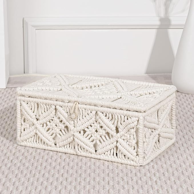 ANMINY Macrame Storage Basket with Lid & 25Pcs Organza Gift Bags Bohemian Jewelry Box Handmade Woven Natural Cotton Rope Lidded Bin Decorative Desktop Organizer Countertop Tank Shelf Cabinet Container