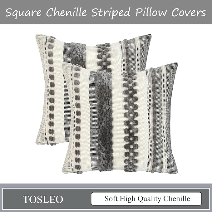 Tosleo Boho Throw Pillow Covers 18x18 Set of 2 Striped Decorative Pillow Cases Accent Chenille Pillowcases Farmhouse Cushion Case Bohemian Nuetral Textured Pillow Cover,Gray