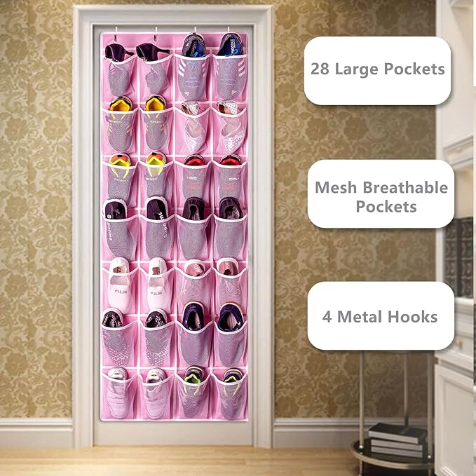 KEEPJOY 28 Pockets Hanging Shoe Organizer, Over the Door Shoe Organizer, Hanging Door Shoe Holder Rack with Mesh Pockets Large Size 65 x 23 Inch (Pink-1Pack)