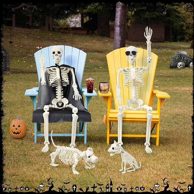 Askill 36" Skeleton Halloween Decorations, 3FT Posable Skeleton with Dog & Cat Skeleton - 5 in 1 Creepy Plastic Movable Joint Skeleton for Halloween Party Yard Decor (36inch)