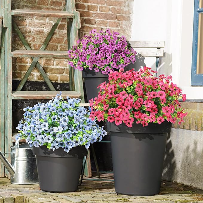 Artificial Flowers Outdoor Faux Plants UV Resistant 12 Bundles Fake Patio Flowers Plastic Greenery Plnats Outside Bulk for Spring Garden Hanging Planter Home Vase Decor, Rose Red