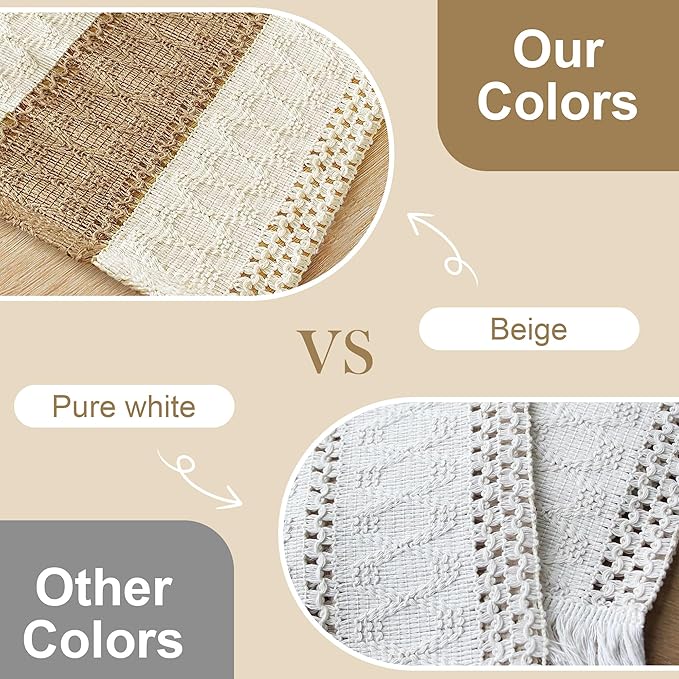 FEXIA Boho Placemats Set of 6, Macrame Table Decor Farmhouse Style Placemats in Natural Cotton Burlap, for Kitchen and Dining Table Centerpiece Home Decorations(Beige & Brown)
