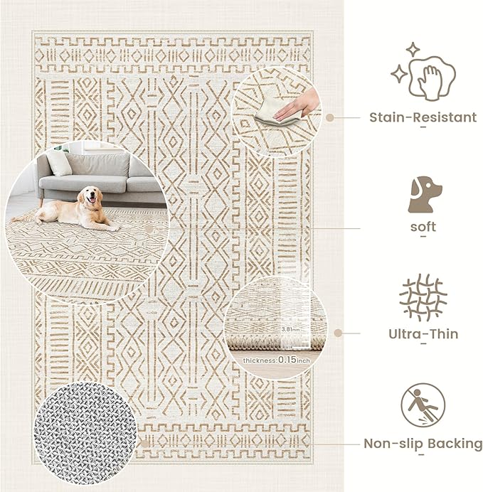 8x10 Area Rug Living Room: Washable Boho Geometric Moroccan Rug Neutral Modern Farmhouse Indoor Soft Non Slip Ultra Thin Large Printed Pattern Carpet for Bedroom Home Office (BeigeBrown, 8'x10')