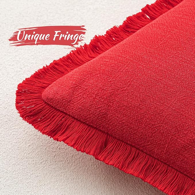 MIULEE Decorative Throw Pillow Covers Neutral Linen Fringe Throw Pillows Set of 2 Red Boho Farmhouse Cushion Covers with Tassels for Couch Sofa Bed Living Room Spring Home Decor 18x18 Inch