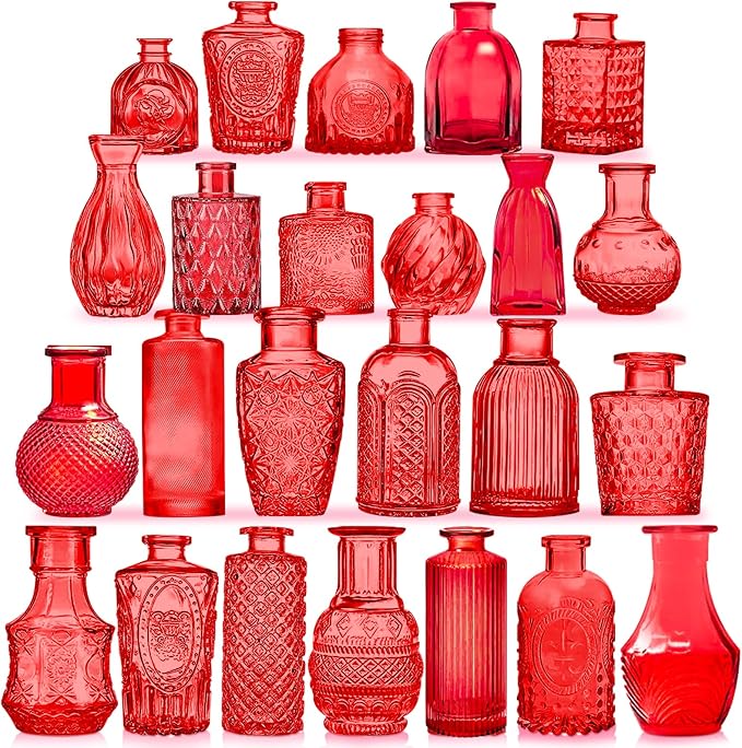 Red Glass Bud Vases Set, 24 Pcs Vintage Small Vases for Flowers, Crystal Mini Glasses in Bulk, Small Flower Design for Centerpieces Wedding Decorations Home Flower Party Decor