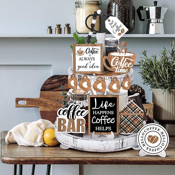 Set of 11 Farmhouse Tiered Tray Decor Rustic Home Tiered Tray Decorations Set Coffee Time Home Wooden Signs Coffee Bar Farmhouse Tabletop Wood Signs for Kitchen Table Shelf Decor