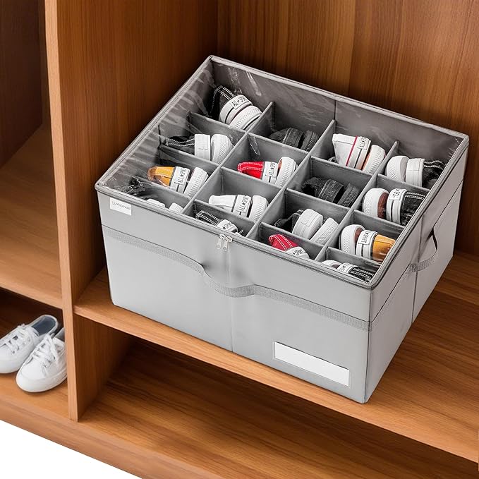 Shoe Organizer for Closet, Fits 16 Pairs, Large Shoe Box Storage Containers, Clear Foldable Shoe Storage Bins w/Bottom Support, Space Saving Shoes Holder w/Reinforced Handles, Gray