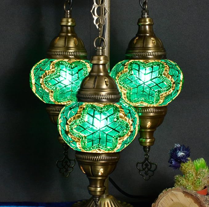 mozaist 3 Globe Mosaic Tiffany Style Table Lamp, Stained Glass Turkish Handcraft Desk Light, Bohemian Vintage Guestroom, Study Room Decorative Teal Lighting with US Plug & E12 Socket(Turquoise Green)