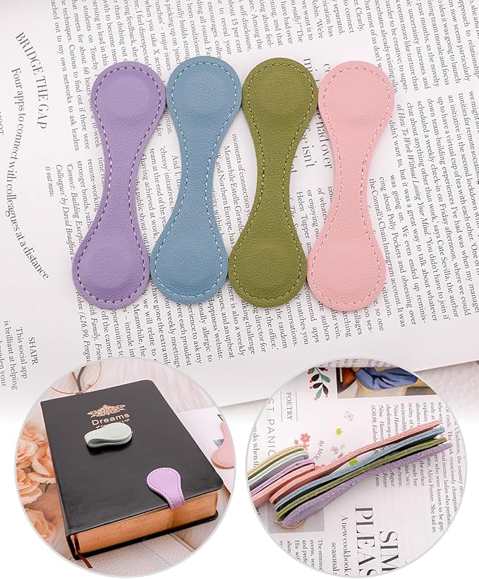 Leather Magnetic Bookmarks, 4Pcs Dark Morandi Magnet Book Mark Clips Gift for Women, Kids, Reading Book Lovers, Teacher Gift for School Office Home Supplies Father's Day Gift (Blue+Green+Purple+Pink)