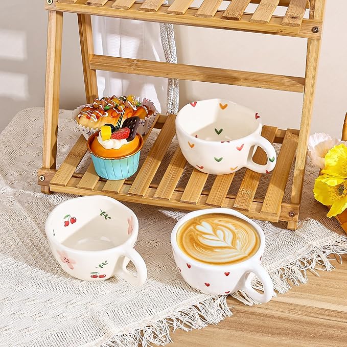 Koythin Ceramic Coffee Mug, Handmade Hot Chocolate Mugs, Cute Cup for Girl Women, Aesthetic Tea Milk Cup with Handle, 8.5 oz/250 ml for Latte, Cocoa, Office, Home (Pink Cherry Flowers)