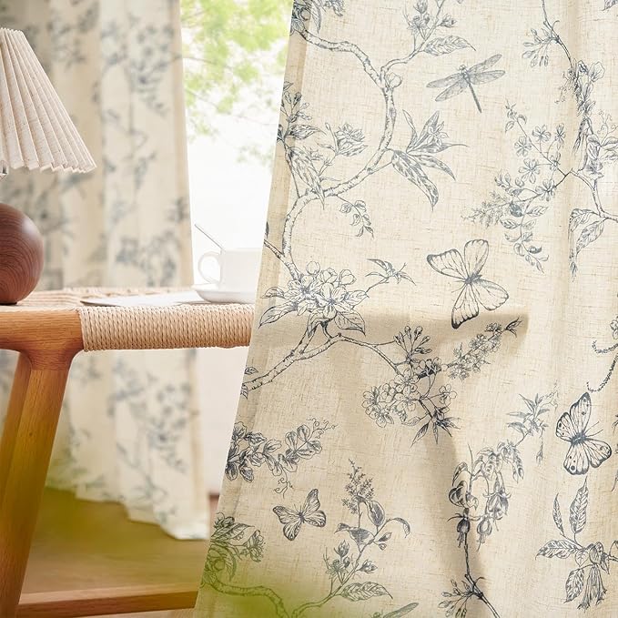 Lazzzy Blue Floral Linen Farmhouse Curtains 96 Inches Long Back Tab Drapes for Living Room Bedroom Light Filtering Country Vintage Rod Pocket Curtains,2 Panels, Blue on Beige